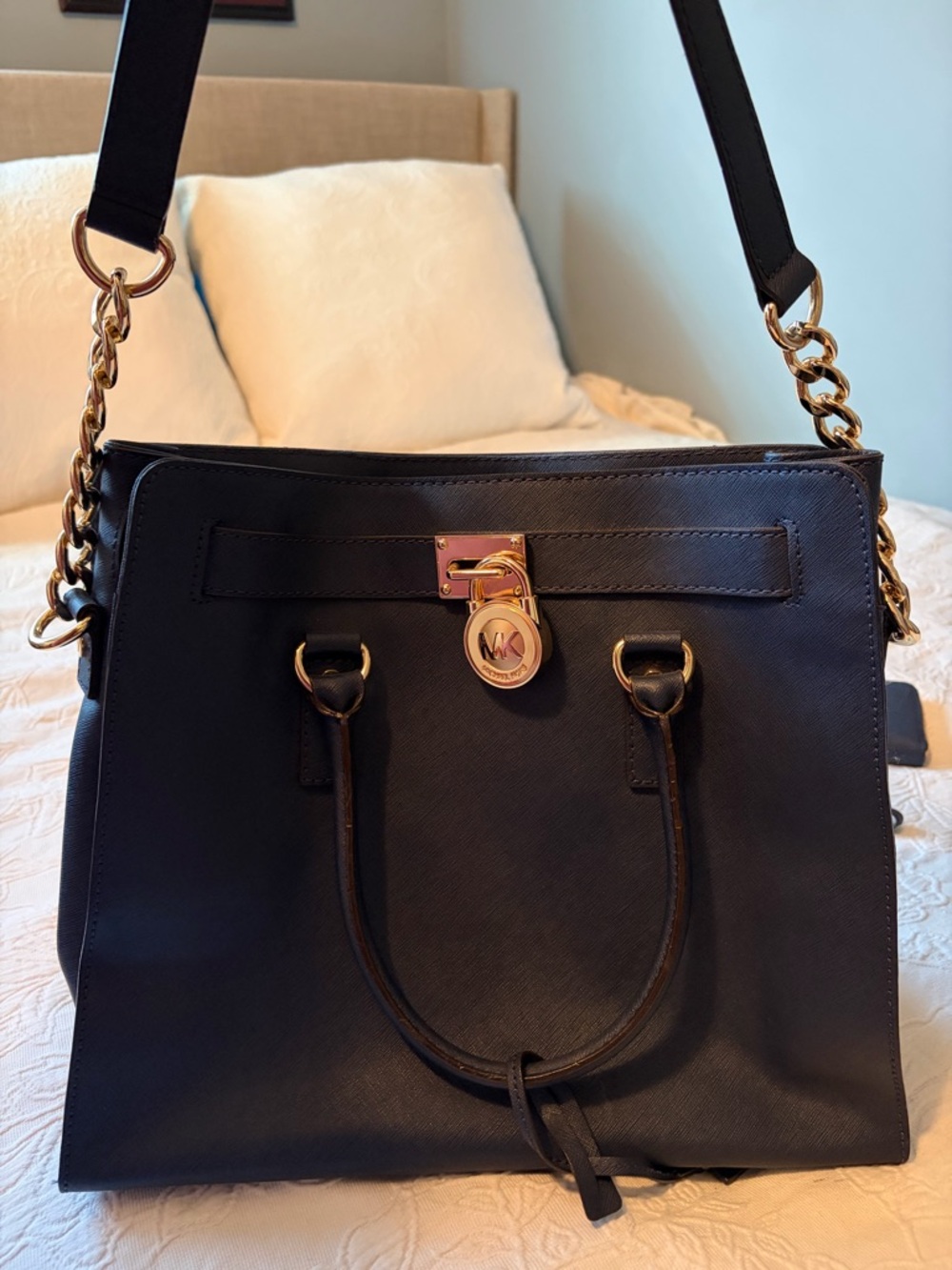 Michael Kors navy Saffiano Leather Satchel with Gold Hardware matching wallet